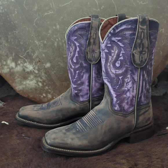 DAN POST DP3802 Distressed brown/purple leather square toe cowgirl boots sz 10